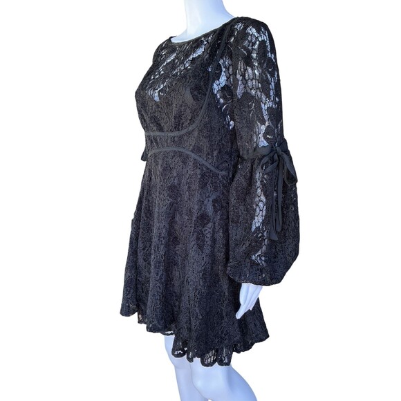 Free People Ruby Lace Mini Dress Balloon Sleeve Black BOHO Witchy Romantic Goth - Picture 3 of 16